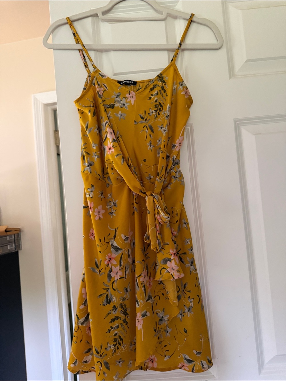 Express Mustard Yellow Floral Midi Dress with Tie Waist
